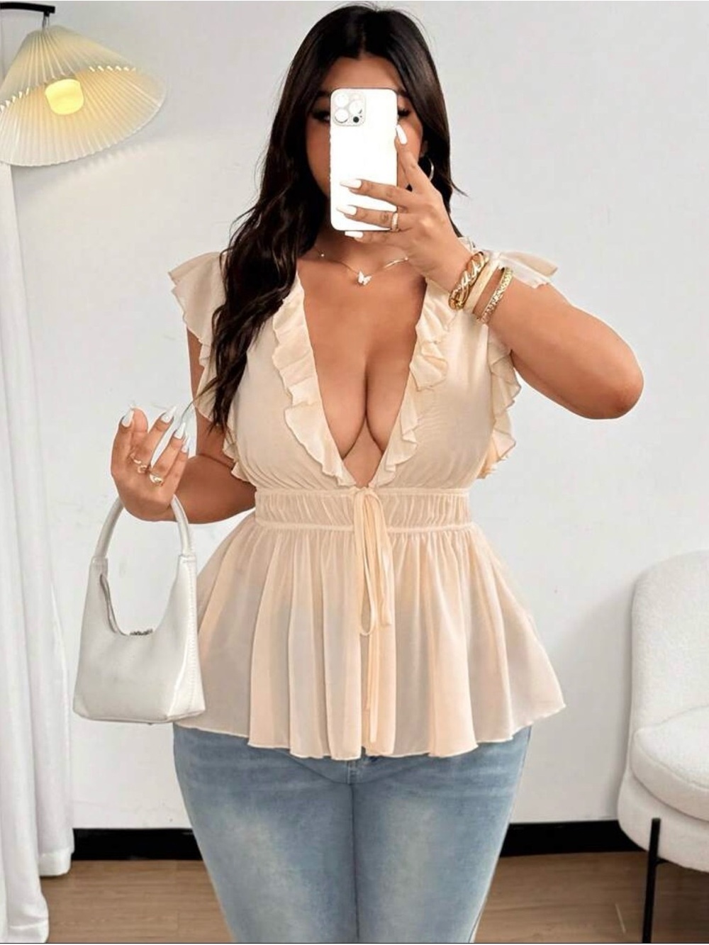 Cream Ruffle Deep V Peplum Blouse